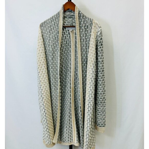 Carolyn Taylor Open Front Long Knit Cardigan Size L Geometric Textured Sweater - Picture 1 of 13